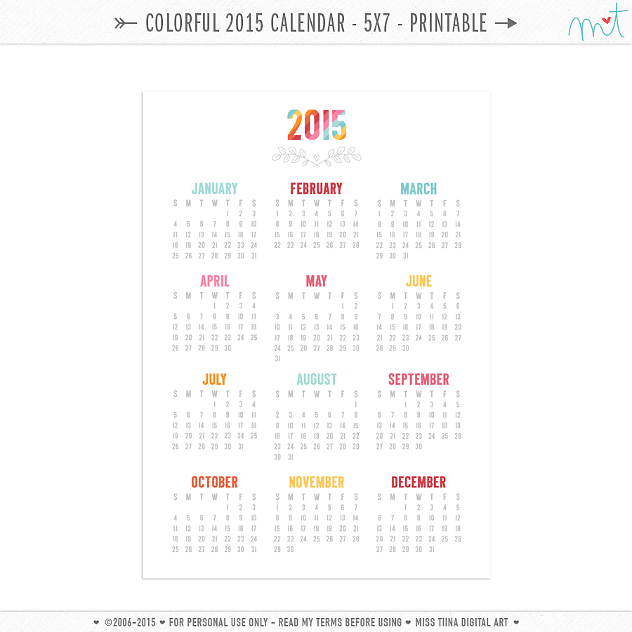 FREE 5×7 Colorful 2015 Calendar Printables