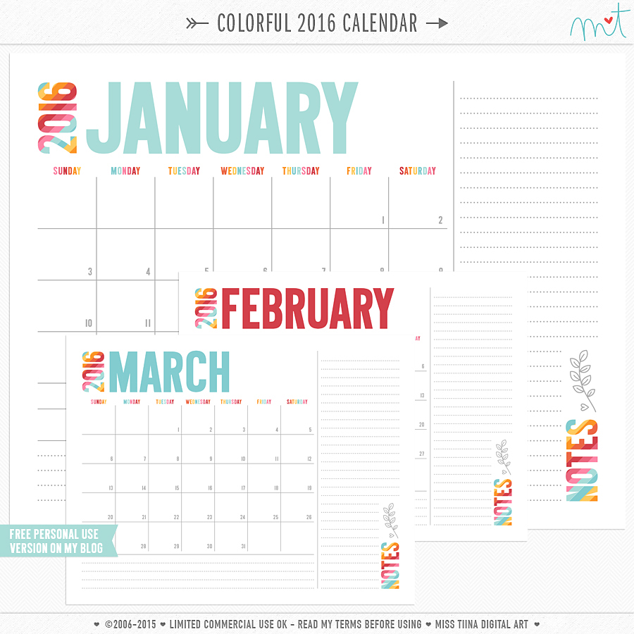 NEW 2016 Colorful Calendars + FREE Printables | MissTiina.com