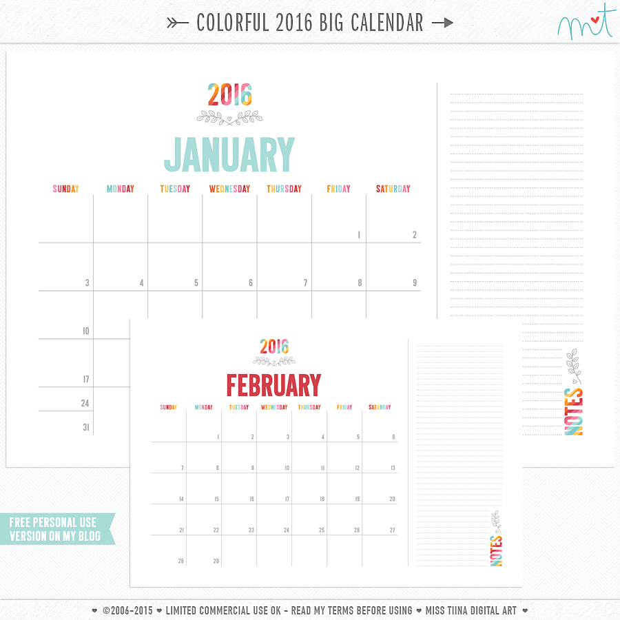 NEW 2016 Colorful Calendars + FREE Printables | MissTiina.com