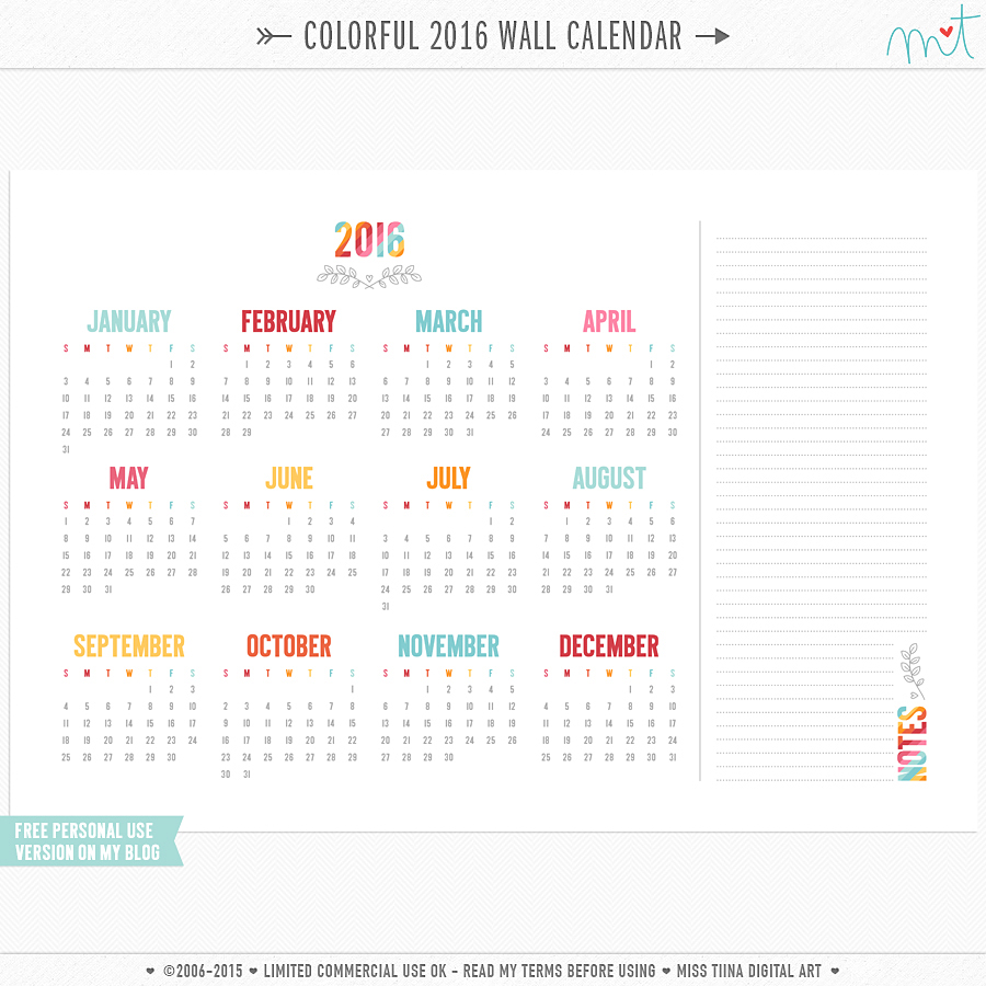 NEW 2016 Colorful Calendars + FREE Printables | MissTiina.com