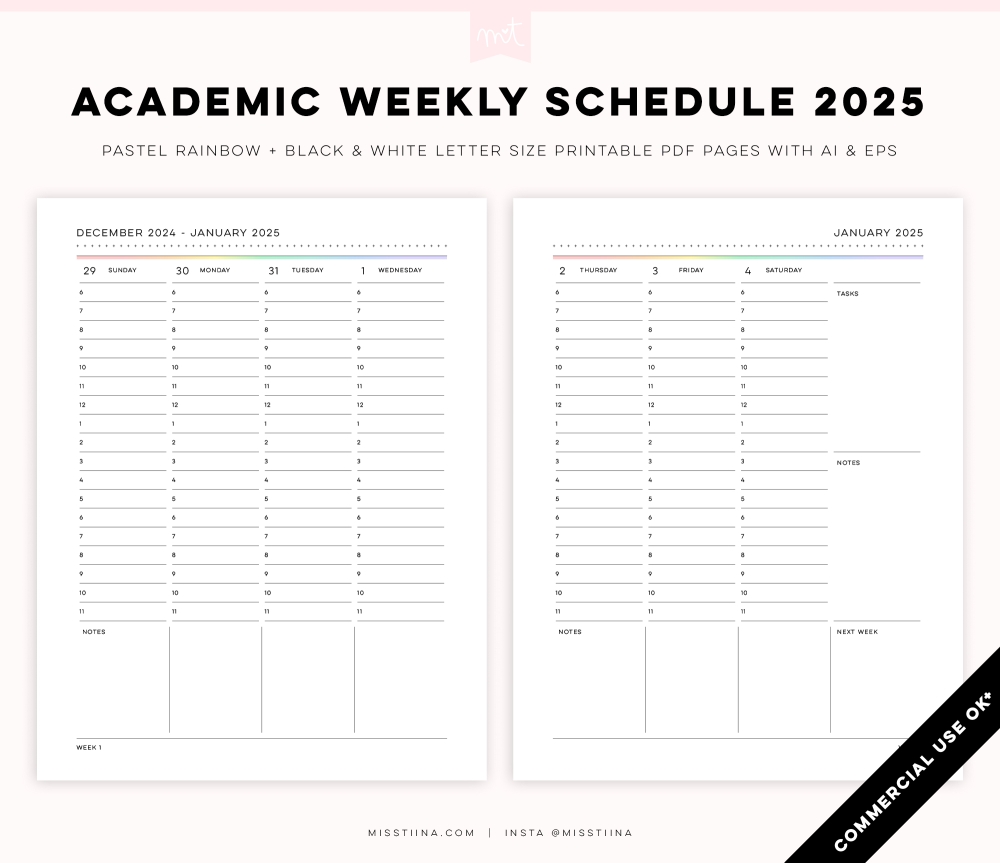 2025 Academic Weekly Schedule Calendar 2PG