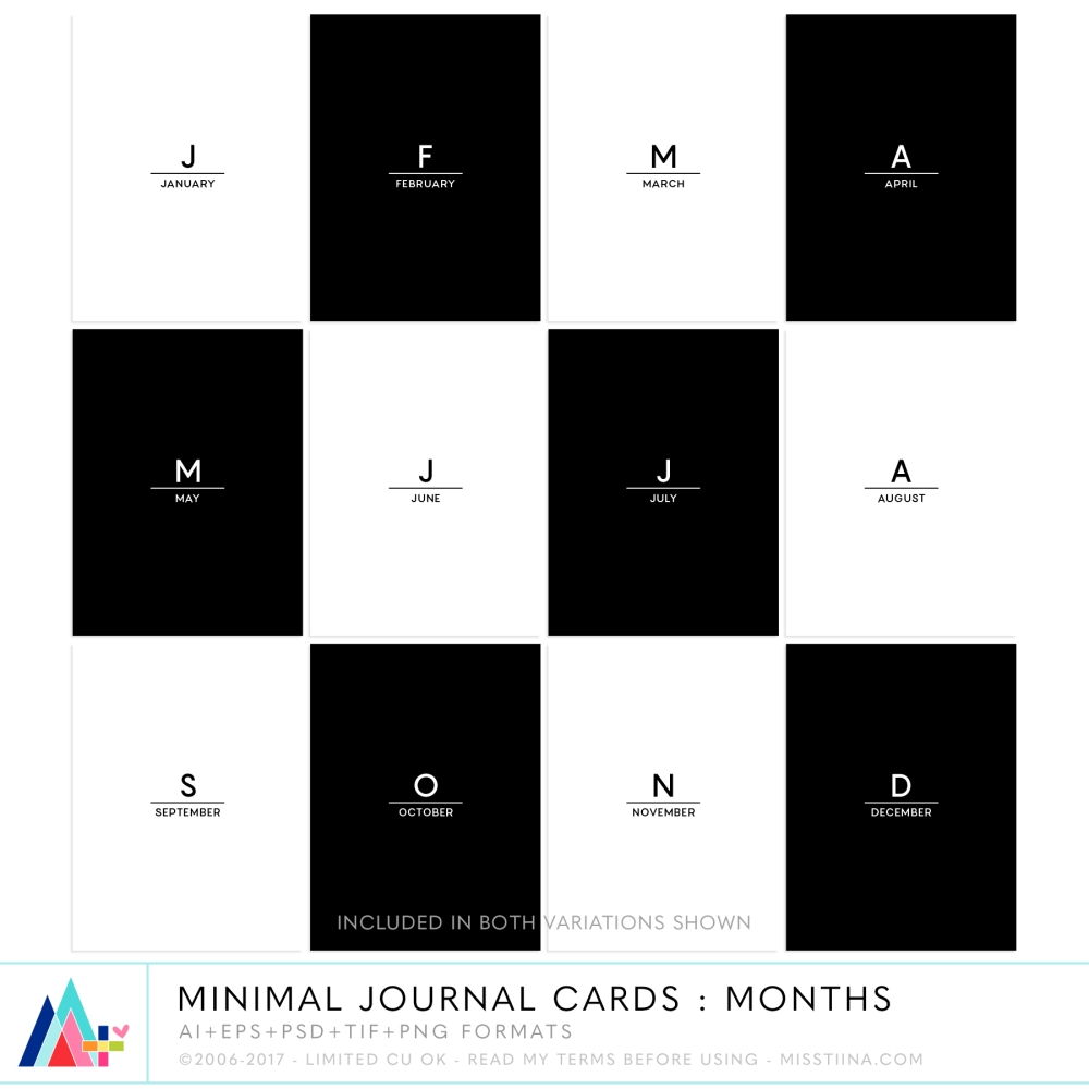 Minimal Journal Cards : Months + Weekdays CU